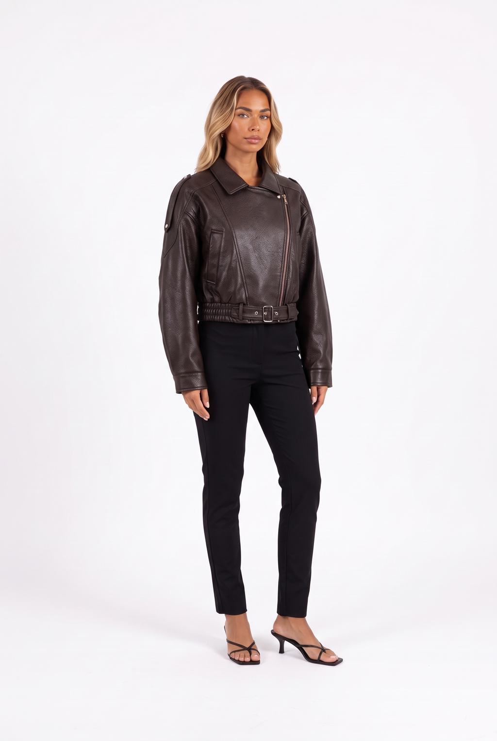 Brown faux-leather cropped belted moto jacket — three-quarter