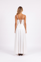 White satin corset-bodice A-line maxi gown — lace-up corset back
