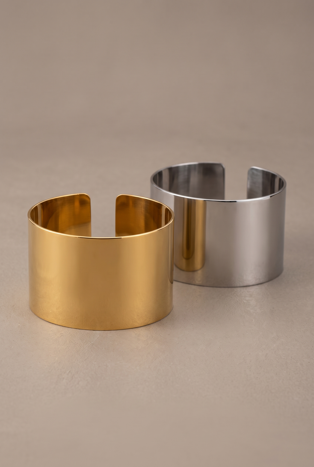 DropIQ plain wide polished cuff bangle in gold and silver
