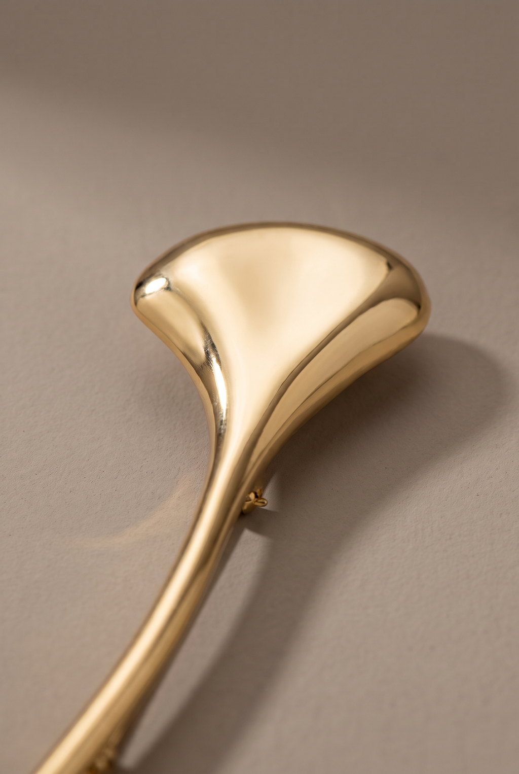 Close-up of the smooth flared head of the gold brooch