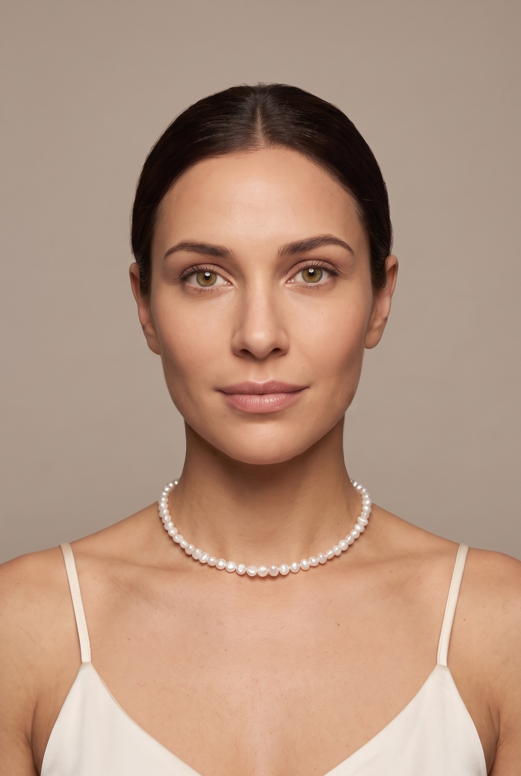 White baroque nugget pearl choker worn on the neck