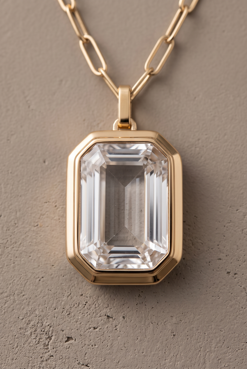 Close-up of the emerald-cut crystal in its gold-tone bezel
