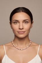 Mixed-colour baroque pearl necklace worn on the neck