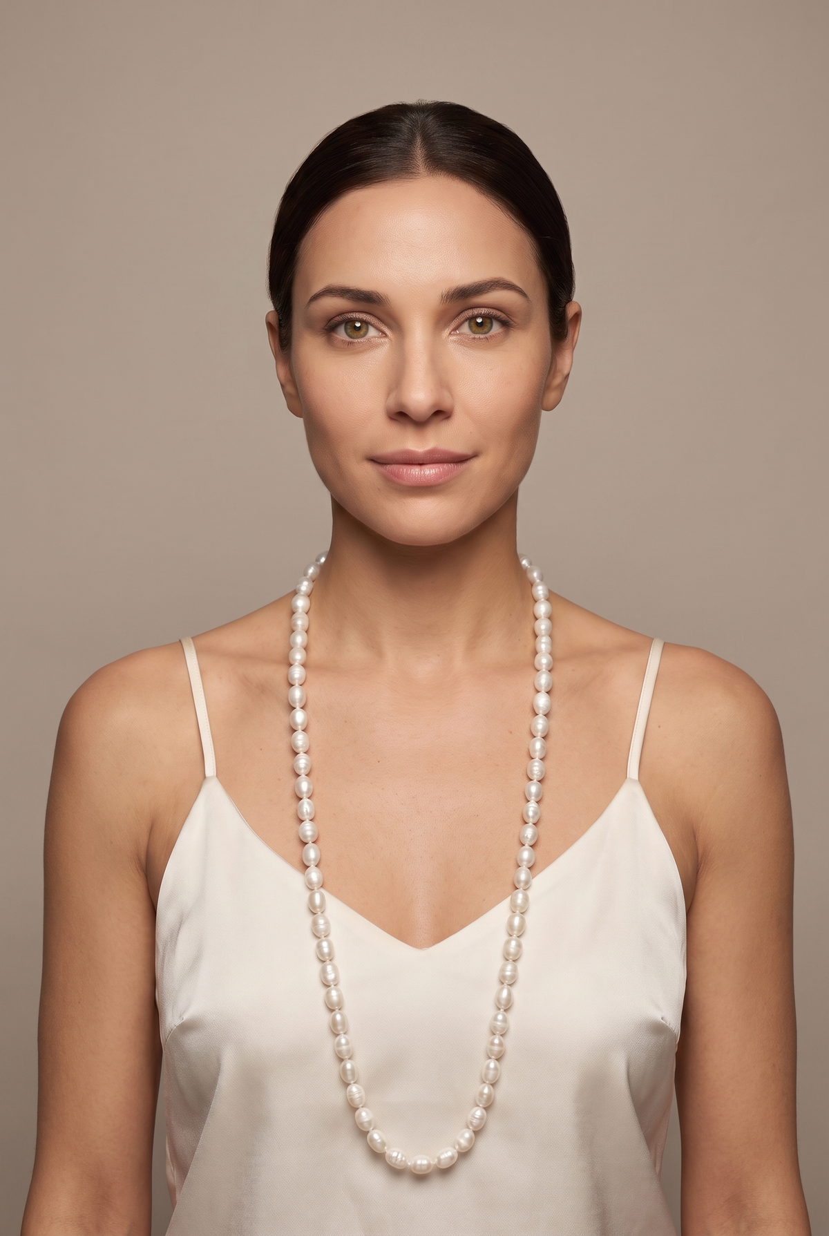 Long white baroque pearl strand worn as a single loop