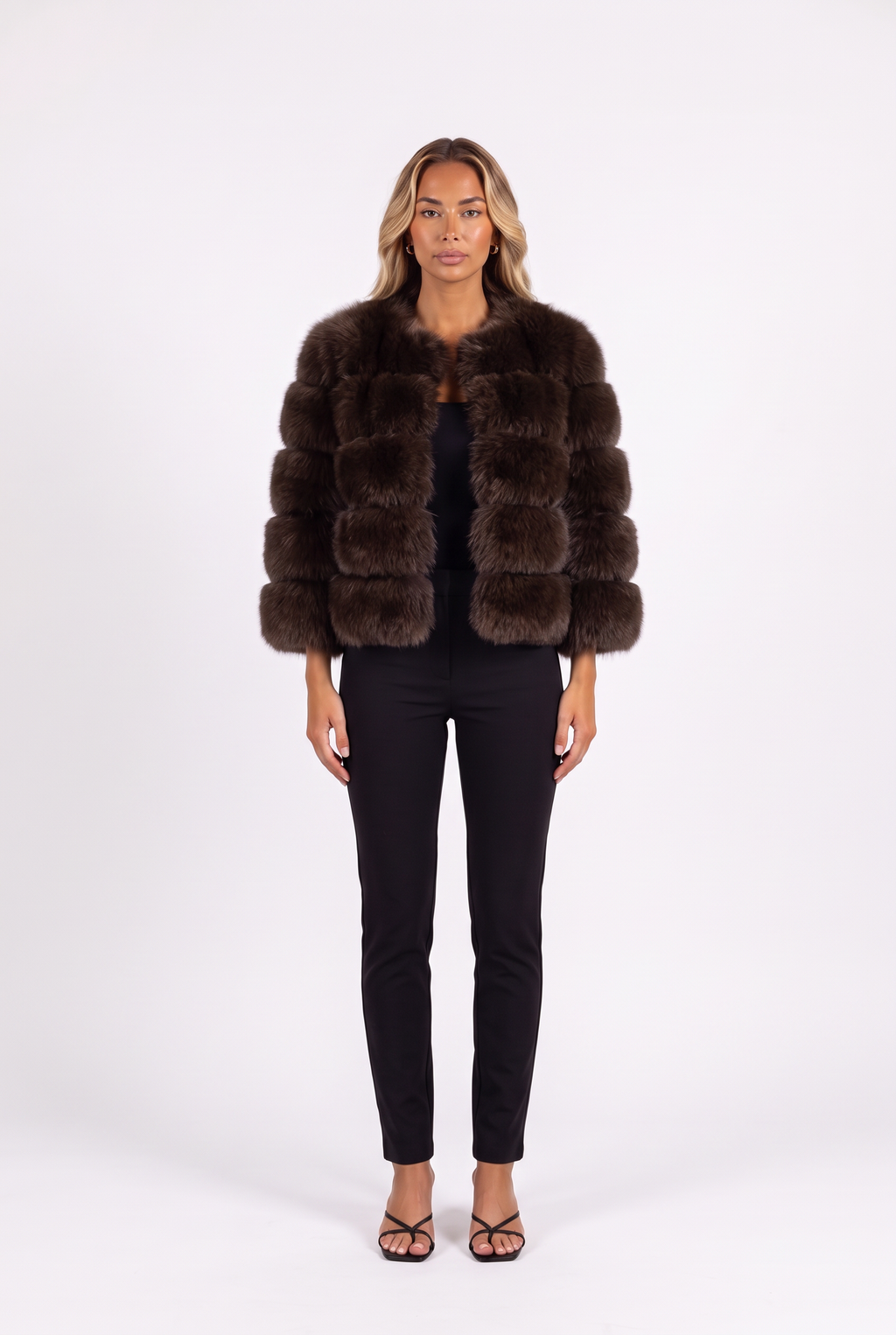 Coffee cropped faux fur jacket with three-quarter sleeves — front