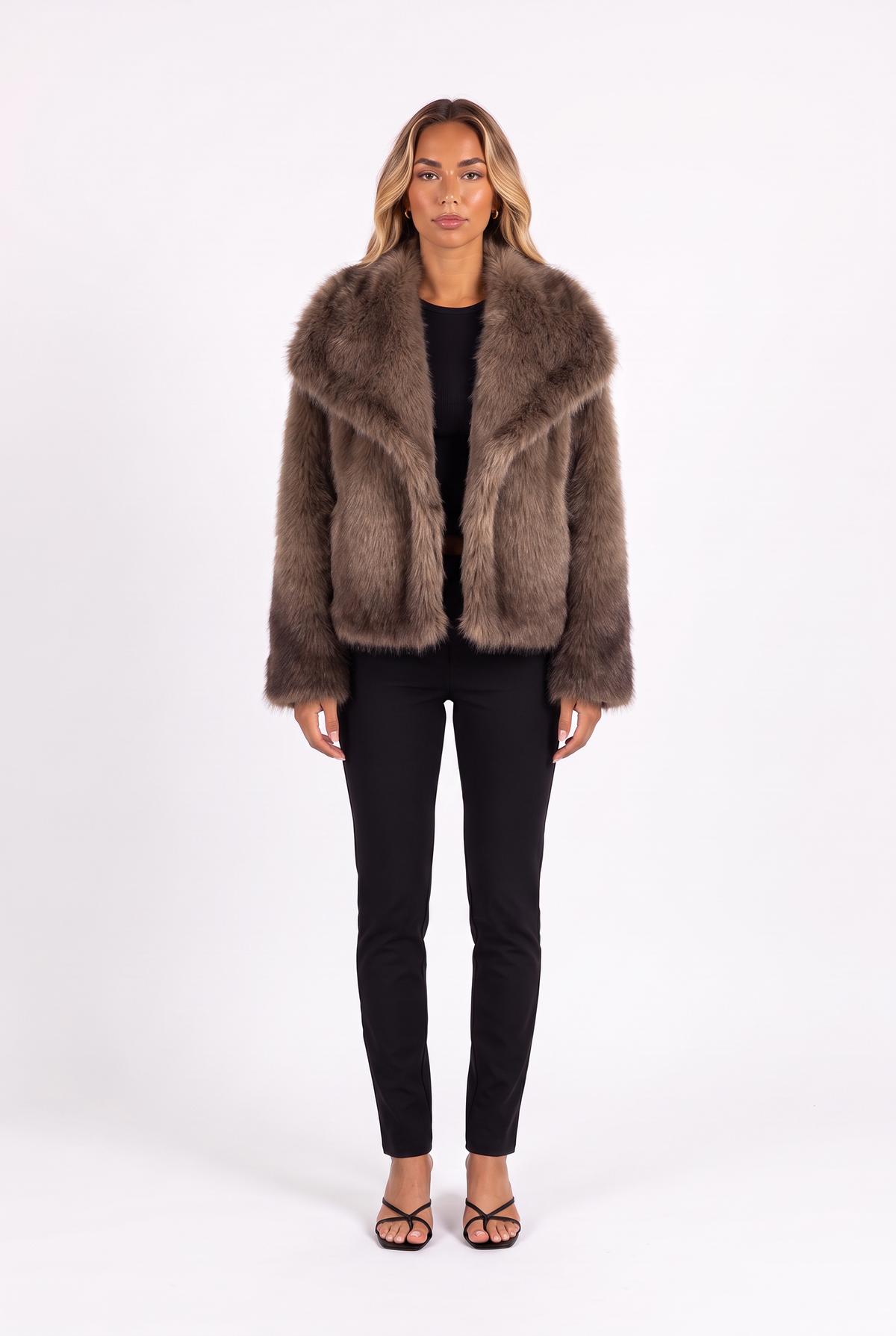 Cream fluffy faux fur jacket with oversized shawl collar in brown gradient — front