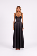 Satin corset lace-up-back maxi dress in Black — front