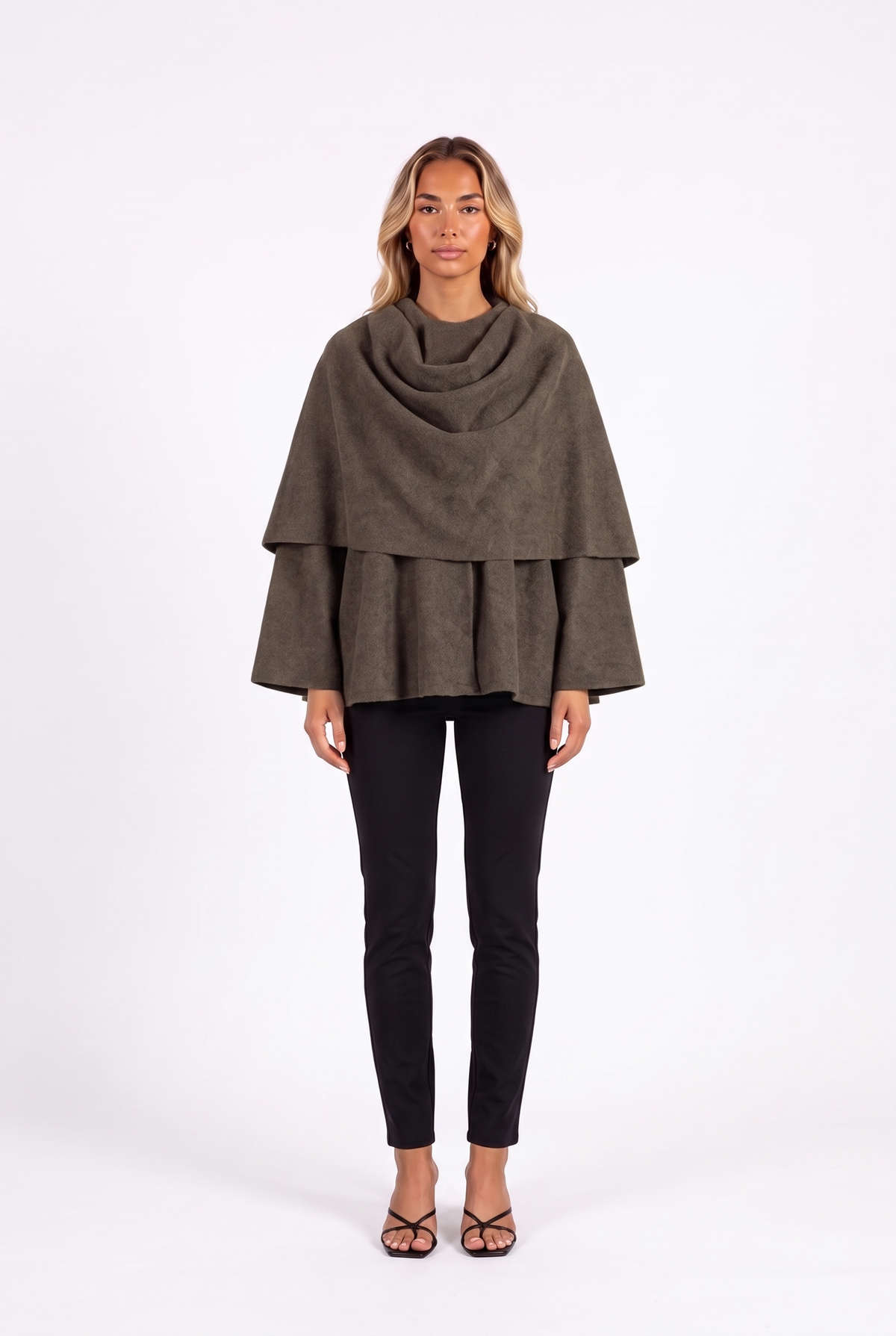 Draped Scarf-Collar Cape Jacket in dark khaki — front