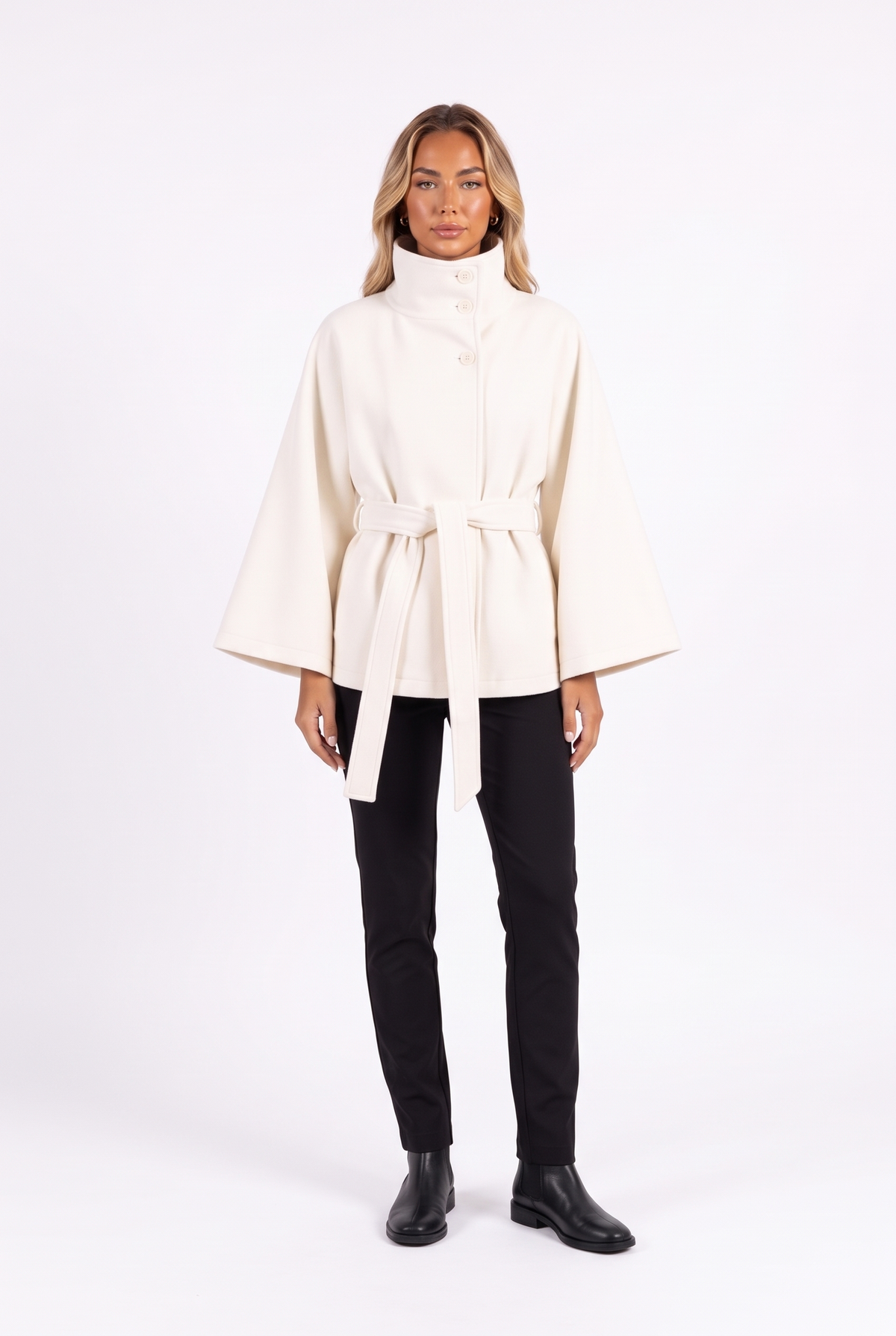Belted cape jacket with funnel collar in white — front
