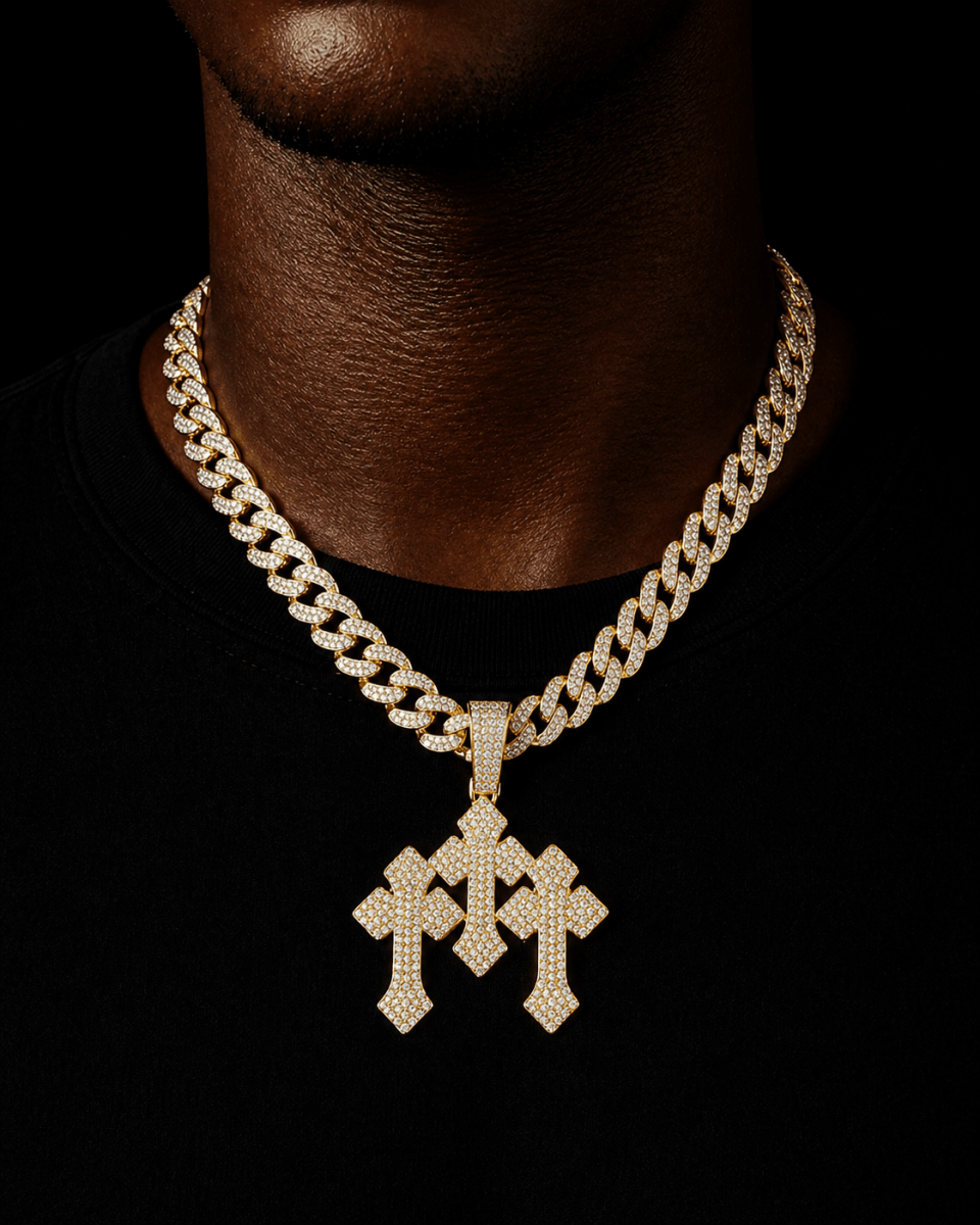 Triple Cross Iced Pendant Gold