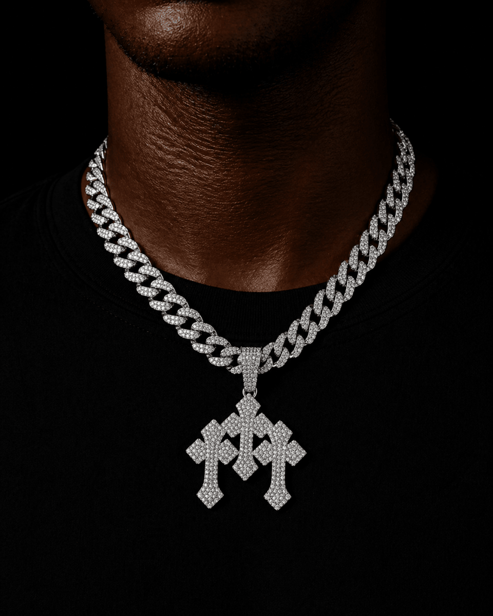 Triple Cross Iced Pendant Silver