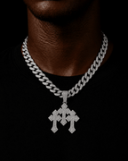 Triple Cross Iced Pendant Silver
